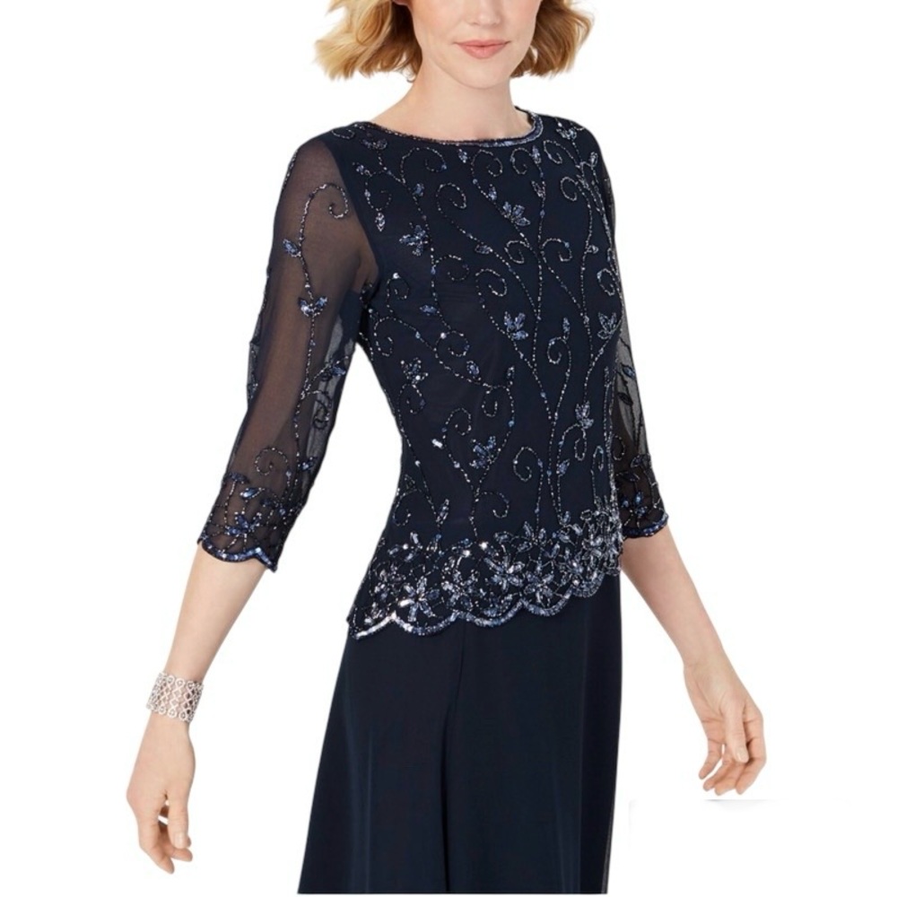 J Kara Navy Beaded Overlay Evening Dress Size 10 Petite - Picture 3 of 7